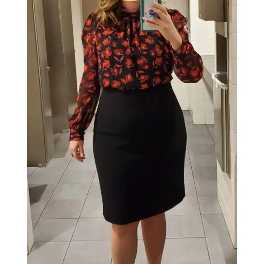 Badgley Mischka Black Red Floral High Neck Sheath Dress $495 - Picture 3 of 14